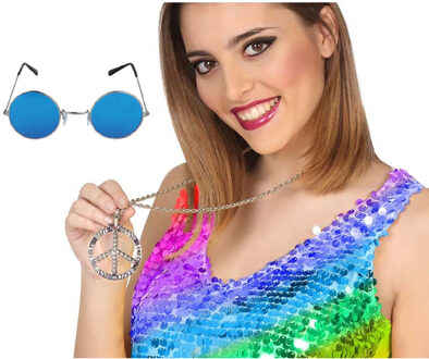 Atosa Hippie Flower Power verkleed accessoires set - ronde glazen bril blauw - peace teken ketting