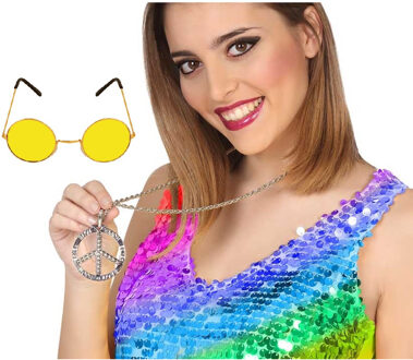 Atosa Hippie Flower Power verkleed accessoires set - ronde glazen bril geel - peace teken ketting