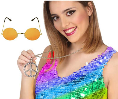 Atosa Hippie Flower Power verkleed accessoires set - ronde glazen bril oranje - peace teken ketting