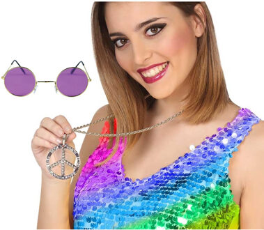 Atosa Hippie Flower Power verkleed accessoires set - ronde glazen bril paars - peace teken ketting