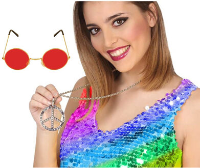Atosa Hippie Flower Power verkleed accessoires set - ronde glazen bril rood - peace teken ketting