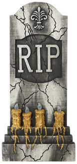 Atosa Horror kerkhof decoratie grafsteen - kaarsen met licht - 93 x 42 cm - Halloween feestdecoratie Grijs