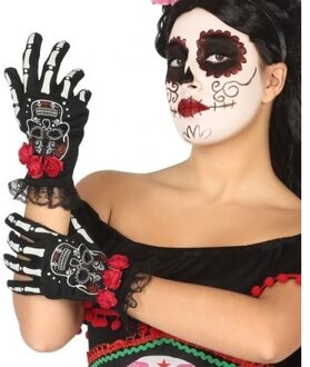 Atosa Horror skelet handshoenen met doodskop en roosjes - dames - Day of the Dead/Halloween Multi