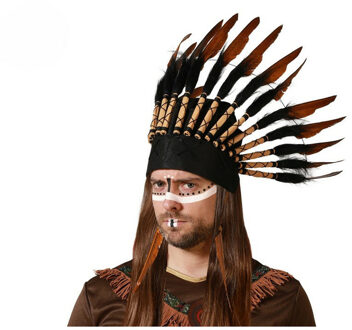 Atosa Indianen veren tooi voor heren - zwart/bruin - met ornamenten - verkleed accessoires