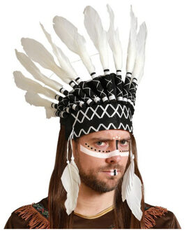 Atosa Indianen veren tooi voor heren - zwart/wit - met ornamenten - verkleed accessoires