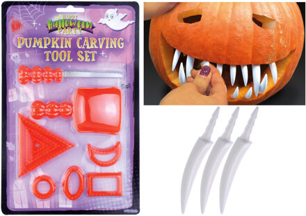 Atosa Pompoen uithollen snijset - inclusief decoratie tanden - Halloween decoratie set