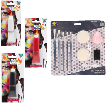 Atosa schmink set 3x basis kleuren - wit/rood/zwart - 30 ml - met schmink gereedschap 10-delig