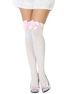 Atosa Sexy verkleed kousen wit met lichtroze strikje - voor dames - Feest kniekousen Carnaval