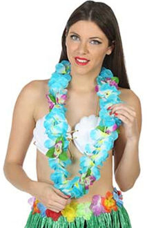 Atosa Toppers - Hawaii krans/slinger - Tropische kleuren blauw - Grote bloemen hals slingers - verkleed accessoires