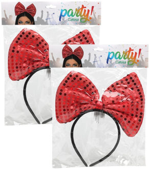 Atosa Verkleed diadeem - 2x - grote rode strik met pailletten - jaren 50 thema feest - volwassenen