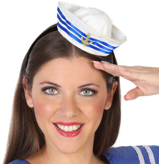 Atosa Verkleed diadeem mini hoedje - blauw/wit - meisjes/dames - Matroos/sailor thema