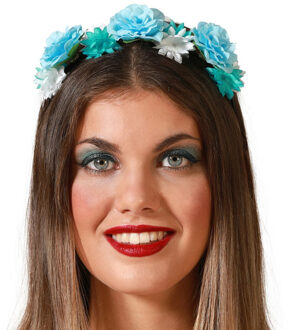 Atosa Verkleed haarband/hoofdband met bloemen krans - meisjes/dames - prinses/hippie/flower power/cosplay Blauw