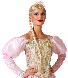 Atosa Verkleed haarband/hoofdband met vlecht en kroon - roze - meisjes/dames - queen/ijsprinses/Elsa