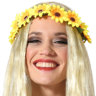 Atosa Verkleed haarband met bloemen - geel - meisjes/dames - Hippie/Flower Power