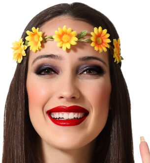 Atosa Verkleed haarband met bloemen - geel - meisjes/dames - Hippie/Flower Power