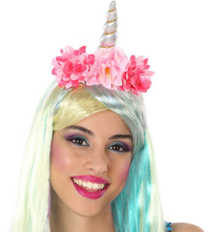 Atosa Verkleed haarband Unicorn/Eenhoorn - roze gekleurd - meisjes/dames - met bloemen