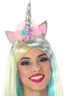Atosa Verkleed haarband Unicorn/eenhoorn - zilver gekleurd - meisjes/dames - met bloemen