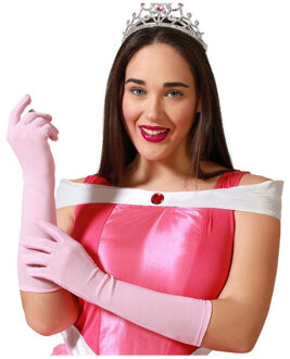 Atosa Verkleed handschoenen voor dames - polyester - lichtroze - one size - lang model