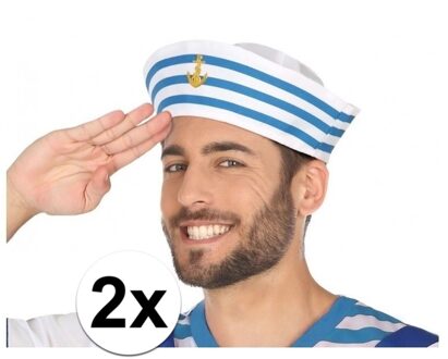 Atosa Verkleed hoedje matroos - 2x - volwassenen - lichtblauw - polyester - marine/sailor