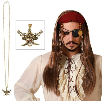 Atosa Verkleed set Piraten pruik bruin haar - met gouden piraten ketting - Heren