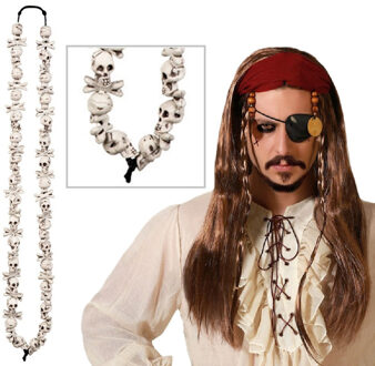 Atosa Verkleed set Piraten pruik bruin haar - met skulls piraten ketting - Heren