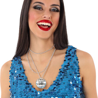 Atosa Verkleed sieraden ketting discobal - zilver - dames - kunststof - Seventies/Eighties - Verkleedketting Zilverkleurig