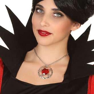 Atosa Verkleed sieraden ketting met edelsteen - zilver/rood - dames - kunststof - Heks/vampier - Verkleedketting Zilverkleurig