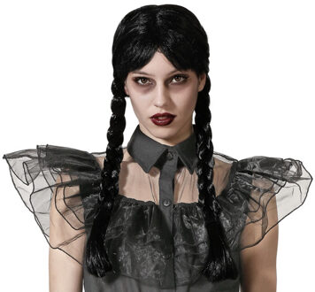 Atosa Verkleedpruik Dames Wednesday - Zwart - Met lange vlechtjes - lang haar - Halloween - Horror thema