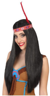 Atosa Verkleedpruik Indiaan Aylen voor dames - zwart - met band en veer - Carnaval - lang haar