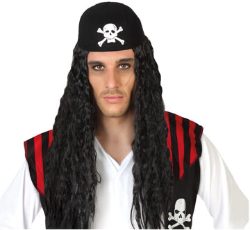 Atosa Verkleedpruik piraat William - Caribische piraten outfit - zwart - lang haar