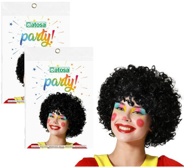 Atosa Verkleedpruik voor heren en dames - 2x - zwart - Pietenpruik - kleine krullen