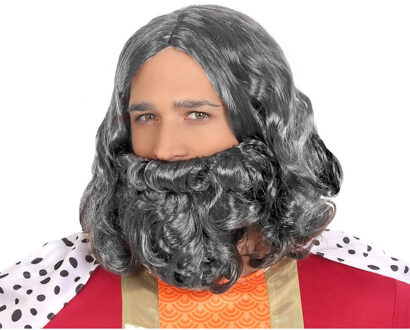 Atosa Verkleedpruik voor heren met baard - grijs - half lang haar - Carnaval - Krijger/ridder/koning