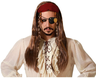 Atosa Verkleedpruik voor heren met lang stijl haar - Bruin - Piraat - Carnaval/party - met haarband