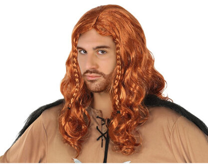 Atosa Verkleedpruik voor heren Viking - bruin - lang haar met vlechtjes - Carnaval - Krijger/Ridder