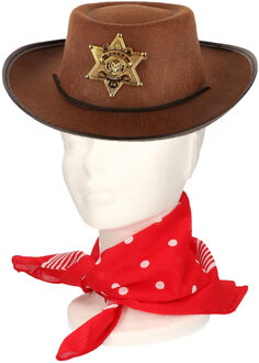 Atosa Verkleedset cowboyhoed Sheriff - bruin - met rode hals zakdoek - voor kinderen