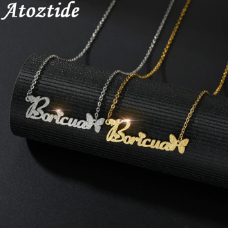 Atoztide 2020 Customized Stainless Steel Frosted Name Necklace Butterfly Personalized Letter Gold Choker Pendant Nameplate Gift