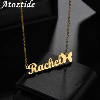 Atoztide 2020 New Butterfly with Personalized Name Necklaces for Women Nameplate Jewelry Stainless Steel Custom Letter Necklace