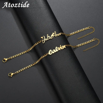 Atoztide Custom Personalized Name Bracelet Stainless Steel Charms Handmade Cuban Chain Engraved Handwriting NK Bangle Gift