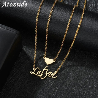 Atoztide Customized Fashion Stainless Steel Name Necklace Personalized Letter Gold Double Layer Heart Necklace Pendant Name Gift