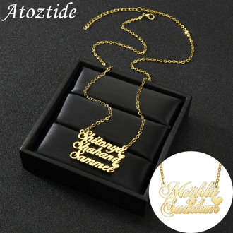 Atoztide Customized Three Layers Fashion Stainless Steel Name Necklace Personalized Letter Multiple Heart Pendant Nameplate Gift