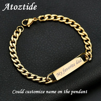 Atoztide Customized Words Bar Chain Bracelet Men Stainless Steel Engraving Letter Name Silver Color Adjustable Buckle Bangle