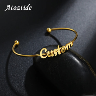 Atoztide New Fashion Personalized Customized Name Bangle For Women Stainless Steel Open Letter Bangle Jwelry Gift For Lover