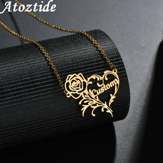 Atoztide Romantic Rose Heart Name Necklace for Love Stainless Steel Custom Nameplate Pendants Necklaces Personalized Jewelry