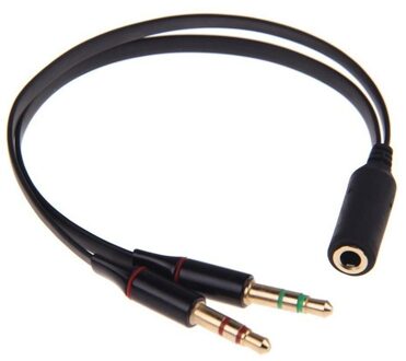 Audio Jack 3.5mm Y-Splitter M/F, Stereo+Microfoon, platte kabel, zwart, oa iPhone/Samsung headset - small