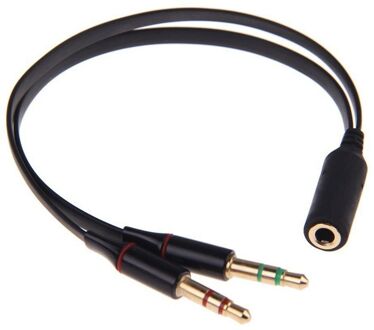 Audio Jack 3.5mm Y-Splitter M/F, Stereo+Microfoon, platte kabel, zwart, oa iPhone/Samsung headset
