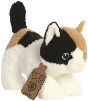 Aurora Eco Nation Pluche knuffeldier kat/poes - bruin/wit - 22 cm - Katten/poezen thema - Knuffel boederijdieren Multikleur