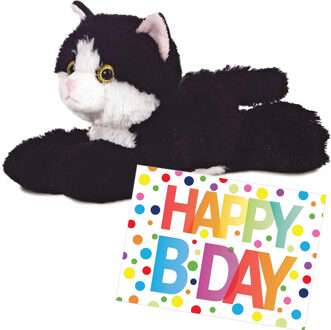 Aurora Pluche knuffel kat/poes zwart/witte 20 cm met A5-size Happy Birthday wenskaart - Knuffel huisdieren