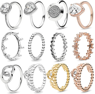 Authentic 925 Sterling Silver Princess Tiara Crown Sparkling Love Heart ,CZ Rings for Women Engagement Jewelry Anniversary