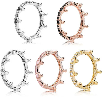 Authentic 925 Sterling Silver Ring Rose Black Enchanted Crown Crystal Ring For Women Wedding Party Gift Fine Jewelry