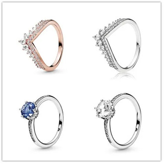 Authentic 925 Sterling Silver Ring Rose Gold Princess Wishbone Ring With Crystal For Women Wedding Party Gift Fashion Jewelry